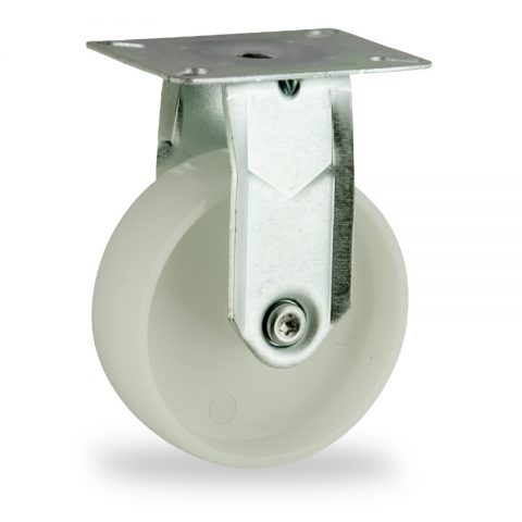 Zinc plated fixed caster 75mm for light trolleys,wheel made of polyamide,plain bearing.Top plate fitting