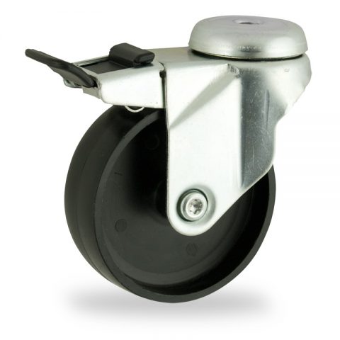 Zinc plated total lock caster 75mm for light trolleys,wheel made of polypropylene,plain bearing.Hollow rivet