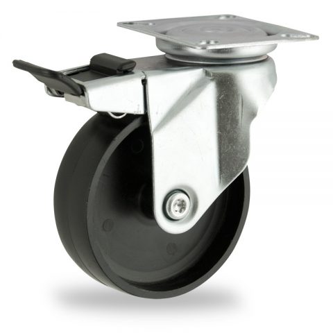 Zinc plated total lock caster 100mm for light trolleys,wheel made of polypropylene,plain bearing.Top plate fitting