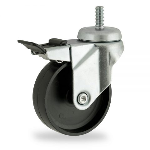 Zinc plated total lock caster 150mm for light trolleys,wheel made of polypropylene,plain bearing.Threaded stem fitting