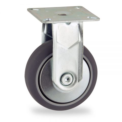 Zinc plated fixed caster 75mm for light trolleys,wheel made of grey rubber,plain bearing.Top plate fitting