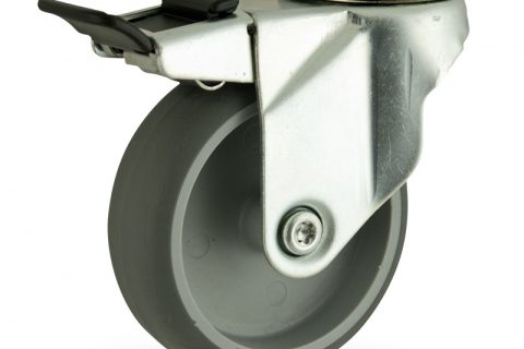 Zinc plated total lock caster 150mm for light trolleys,wheel made of grey rubber,plain bearing.Hollow rivet