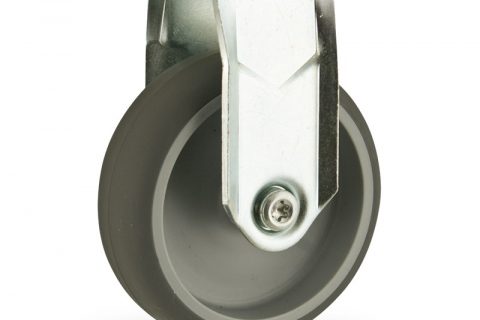 Zinc plated fixed caster 125mm for light trolleys,wheel made of grey rubber,double ball bearings.Hollow rivet
