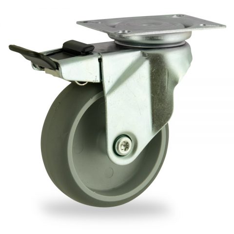 Zinc plated total lock caster 100mm for light trolleys,wheel made of grey rubber,plain bearing.Top plate fitting