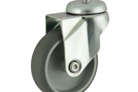 Zinc plated swivel caster 125mm for light trolleys,wheel made of grey rubber,double ball bearings.Threaded stem fitting