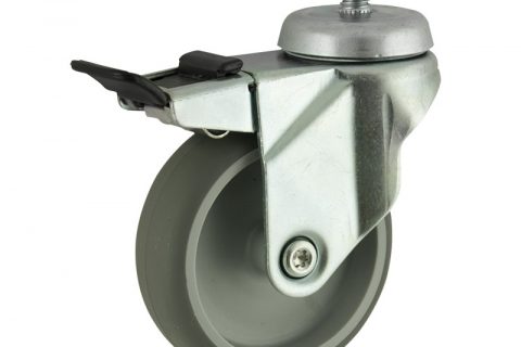 Zinc plated total lock caster 150mm for light trolleys,wheel made of grey rubber,double ball bearings.Threaded stem fitting