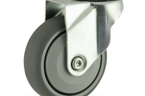 Zinc plated swivel caster 75mm for light trolleys,wheel made of grey rubber,single precision ball bearing.Hollow rivet