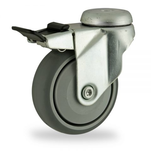Zinc plated total lock caster 75mm for light trolleys,wheel made of grey rubber,single precision ball bearing.Hollow rivet