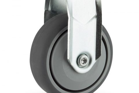 Zinc plated fixed caster 125mm for light trolleys,wheel made of grey rubber,single precision ball bearing.Hollow rivet