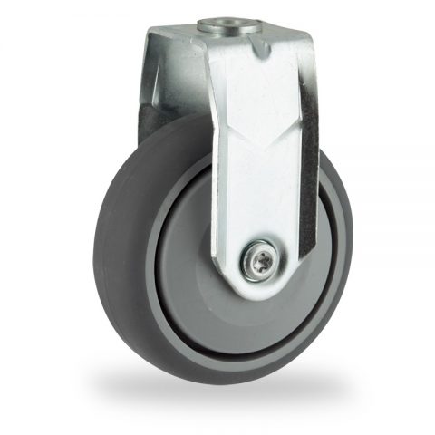 Zinc plated fixed caster 100mm for light trolleys,wheel made of grey rubber,single precision ball bearing.Hollow rivet