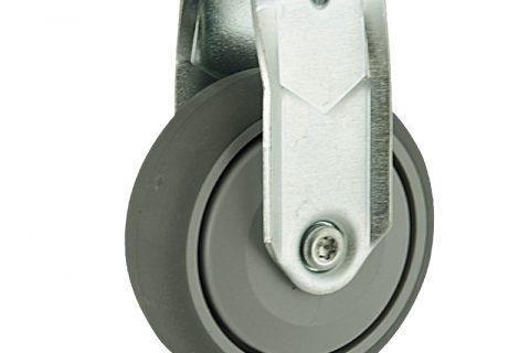 Zinc plated fixed caster 100mm for light trolleys,wheel made of grey rubber,single precision ball bearing.Top plate fitting
