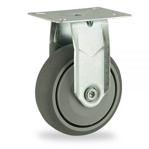 Zinc plated fixed caster 75mm for light trolleys,wheel made of grey rubber,single precision ball bearing.Top plate fitting