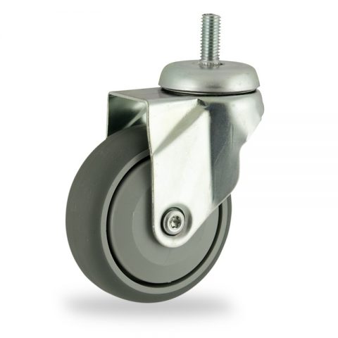 Zinc plated swivel caster 100mm for light trolleys,wheel made of grey rubber,single precision ball bearing.Threaded stem fitting