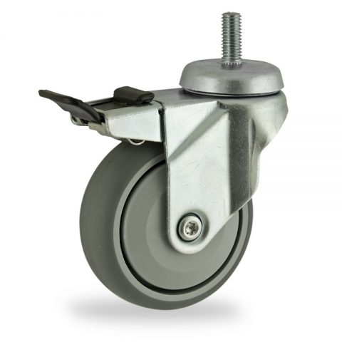 Zinc plated total lock caster 100mm for light trolleys,wheel made of grey rubber,single precision ball bearing.Threaded stem fitting