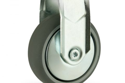 Zinc plated fixed caster 100mm for light trolleys,wheel made of grey rubber,double ball bearings.Hollow rivet