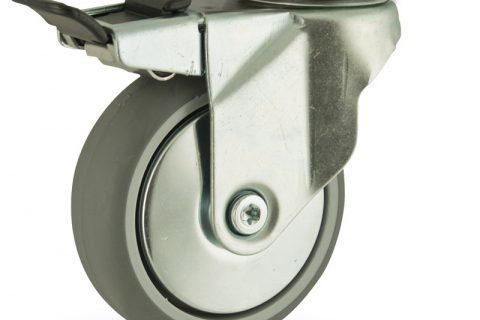 Zinc plated total lock caster 150mm for light trolleys,wheel made of grey rubber,plain bearing.Top plate fitting