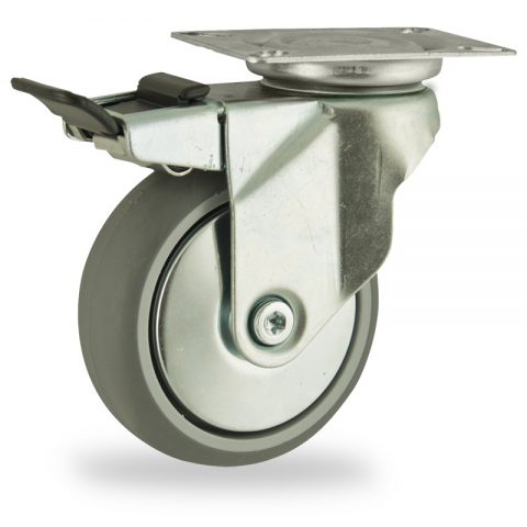 Zinc plated total lock caster 150mm for light trolleys,wheel made of grey rubber,plain bearing.Top plate fitting