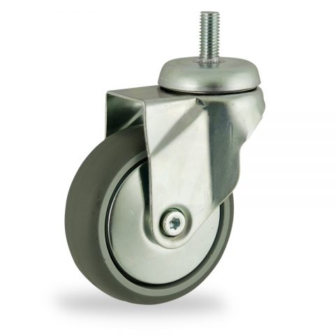 Zinc plated swivel caster 150mm for light trolleys,wheel made of grey rubber,double ball bearings.Threaded stem fitting