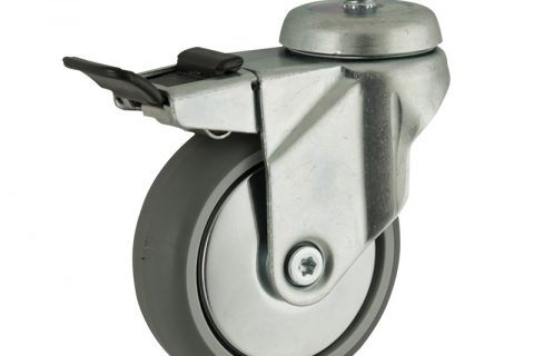 Zinc plated total lock caster 100mm for light trolleys,wheel made of grey rubber,double ball bearings.Threaded stem fitting