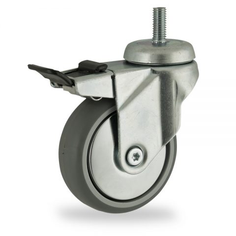 Zinc plated total lock caster 125mm for light trolleys,wheel made of grey rubber,plain bearing.Threaded stem fitting