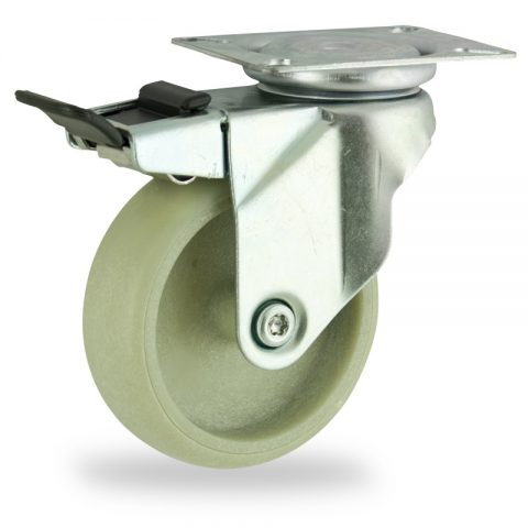 Zinc plated total lock caster 100mm for light trolleys,wheel made of polyamide with Fiber glass,plain bearing.Top plate fitting