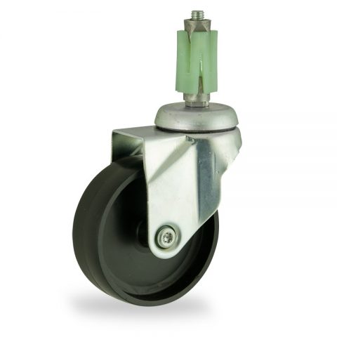 Zinc plated swivel caster 75mm for light trolleys,wheel made of polypropylene,plain bearing.Fitting with square expander socket 27/31