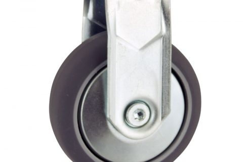 Zinc plated fixed caster 100mm for light trolleys,wheel made of grey rubber,plain bearing.Hollow rivet