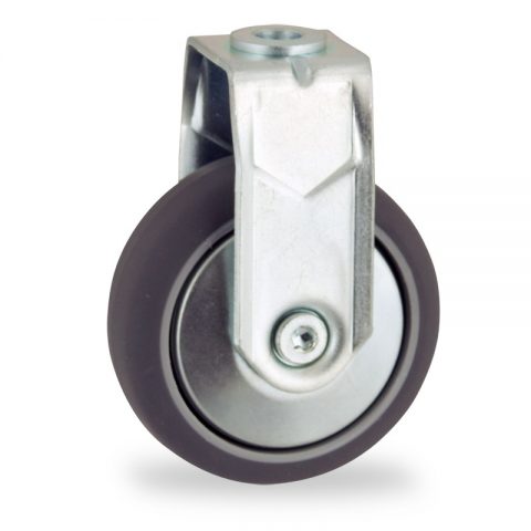 Zinc plated fixed caster 100mm for light trolleys,wheel made of grey rubber,double ball bearings.Hollow rivet