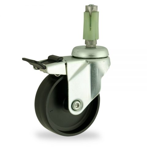 Zinc plated total lock caster 125mm for light trolleys,wheel made of polypropylene,plain bearing.Fitting with square expander socket 24/27