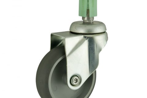 Zinc plated swivel caster 100mm for light trolleys,wheel made of grey rubber,plain bearing.Fitting with square expander socket 31/35