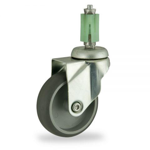 Zinc plated swivel caster 125mm for light trolleys,wheel made of grey rubber,double ball bearings.Fitting with square expander socket 24/27