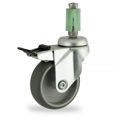 Zinc plated total lock caster 100mm for light trolleys,wheel made of grey rubber,plain bearing.Fitting with square expander socket 27/31