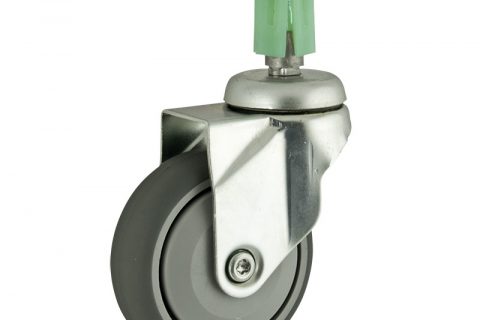 Zinc plated swivel caster 100mm for light trolleys,wheel made of grey rubber,single precision ball bearing.Fitting with square expander socket 24/27