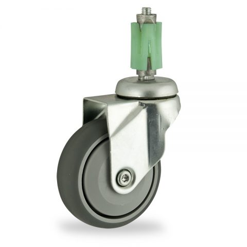 Zinc plated swivel caster 125mm for light trolleys,wheel made of grey rubber,single precision ball bearing.Fitting with square expander socket 27/31