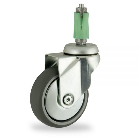 Zinc plated swivel caster 150mm for light trolleys,wheel made of grey rubber,plain bearing.Fitting with square expander socket 27/31
