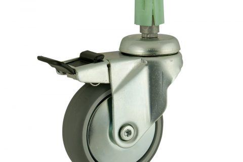Zinc plated total lock caster 150mm for light trolleys,wheel made of grey rubber,double ball bearings.Fitting with square expander socket 27/31