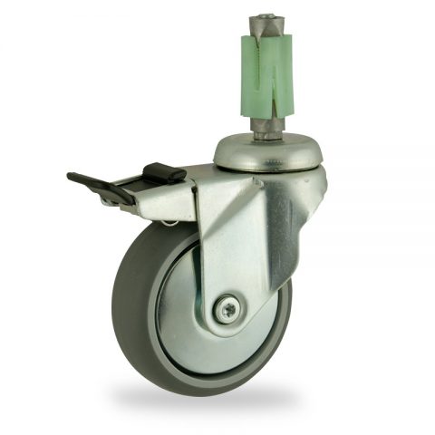 Zinc plated total lock caster 100mm for light trolleys,wheel made of grey rubber,plain bearing.Fitting with square expander socket 21/24