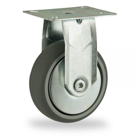 Zinc plated fixed caster 150mm for light trolleys,wheel made of grey rubber,double ball bearings.Top plate fitting