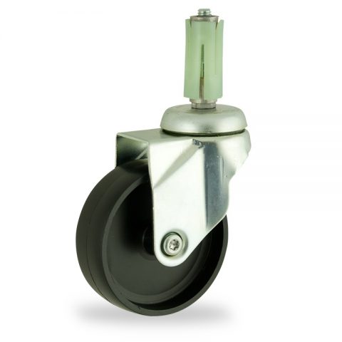 Zinc plated swivel caster 75mm for light trolleys,wheel made of polypropylene,plain bearing.Fitting with round expander socket 19/23