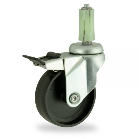 Zinc plated total lock caster 75mm for light trolleys,wheel made of polypropylene,plain bearing.Fitting with round expander socket 26/30