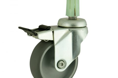Zinc plated total lock caster 150mm for light trolleys,wheel made of grey rubber,double ball bearings.Fitting with round expander socket 23/26