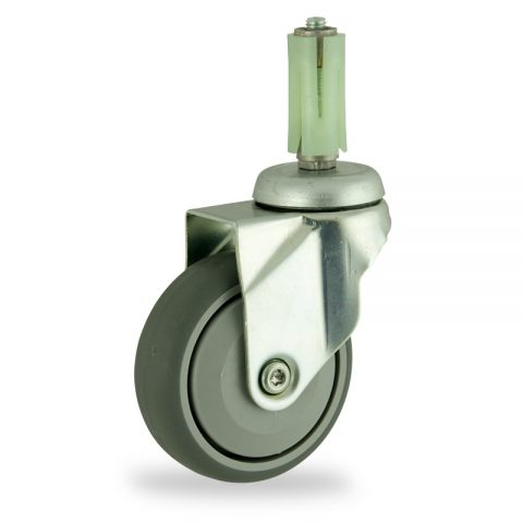 Zinc plated swivel caster 75mm for light trolleys,wheel made of grey rubber,single precision ball bearing.Fitting with round expander socket 19/23