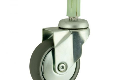 Zinc plated swivel caster 75mm for light trolleys,wheel made of grey rubber,plain bearing.Fitting with round expander socket 26/30