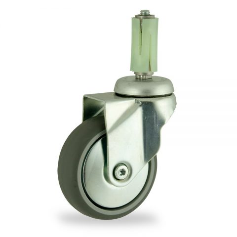 Zinc plated swivel caster 125mm for light trolleys,wheel made of grey rubber,double ball bearings.Fitting with round expander socket 19/23