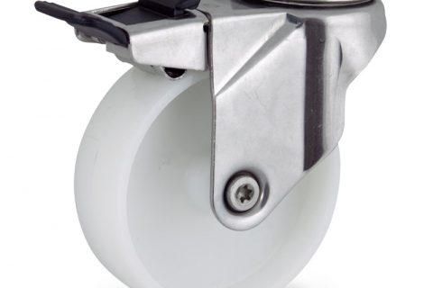 Stainless total lock caster 75mm for light trolleys,wheel made of polyamide,plain bearing.Hollow rivet