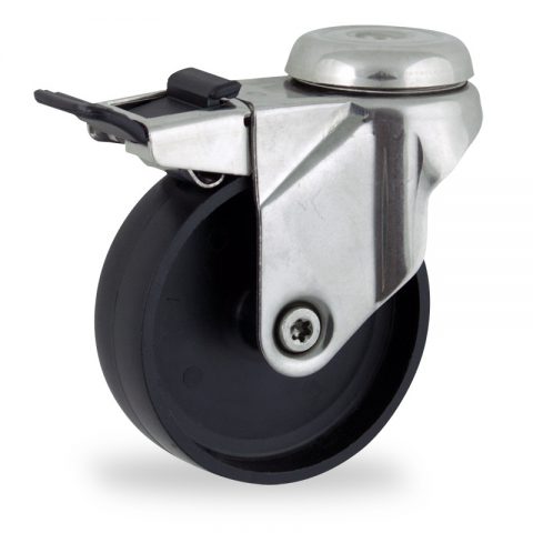 Stainless total lock caster 100mm for light trolleys,wheel made of polypropylene,plain bearing.Hollow rivet