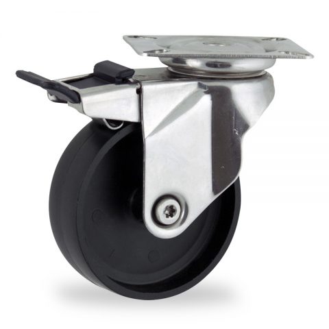 Stainless total lock caster 125mm for light trolleys,wheel made of polypropylene,plain bearing.Top plate fitting