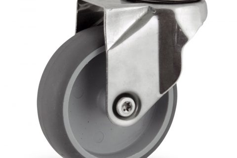 Stainless swivel caster 150mm for light trolleys,wheel made of grey rubber,plain bearing.Hollow rivet