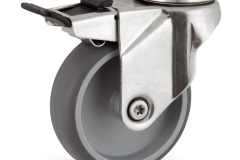 Stainless total lock caster 100mm for light trolleys,wheel made of grey rubber,double ball bearings.Hollow rivet