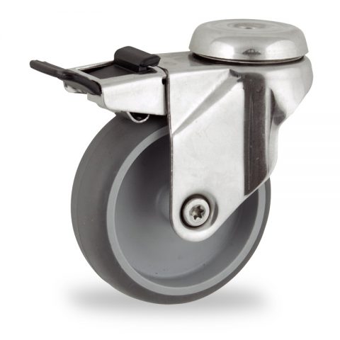 Stainless total lock caster 75mm for light trolleys,wheel made of grey rubber,plain bearing.Hollow rivet